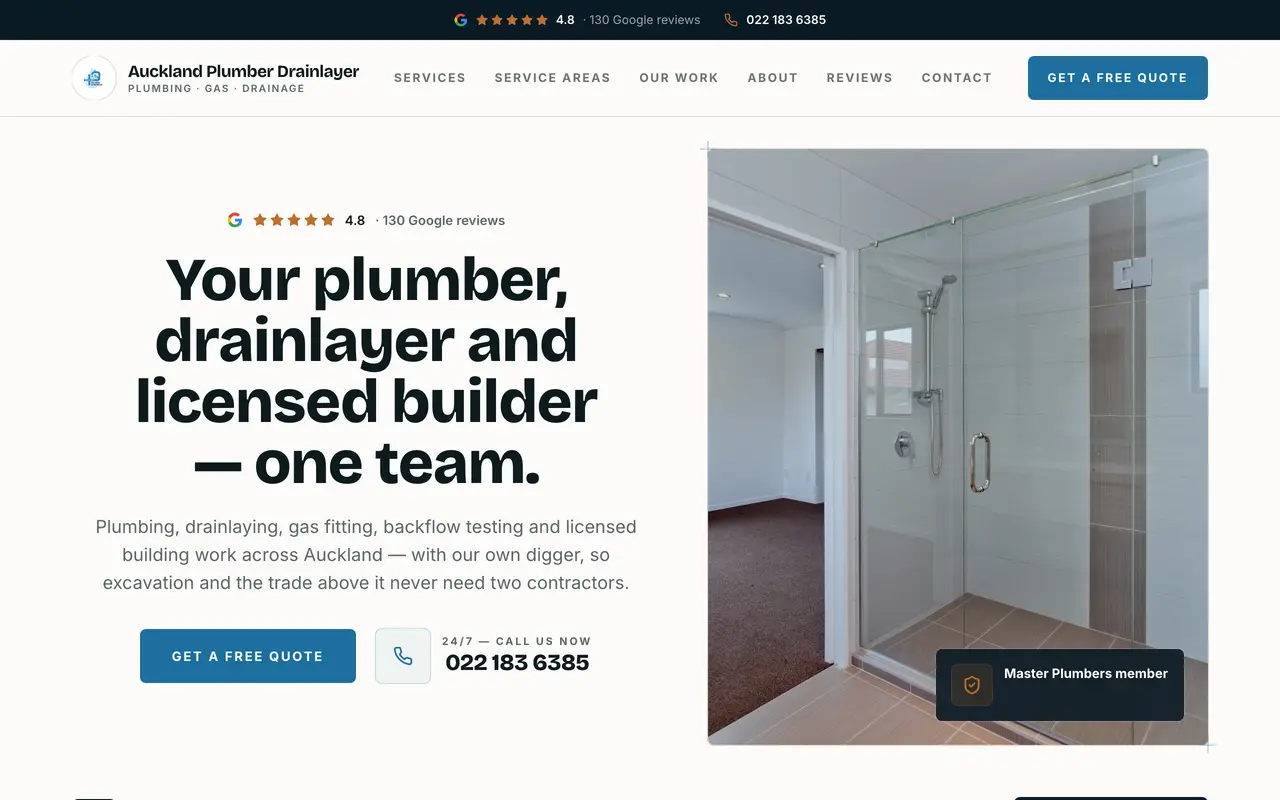 The Auckland Plumber & Drainlayer website we built, shown on a desktop screen