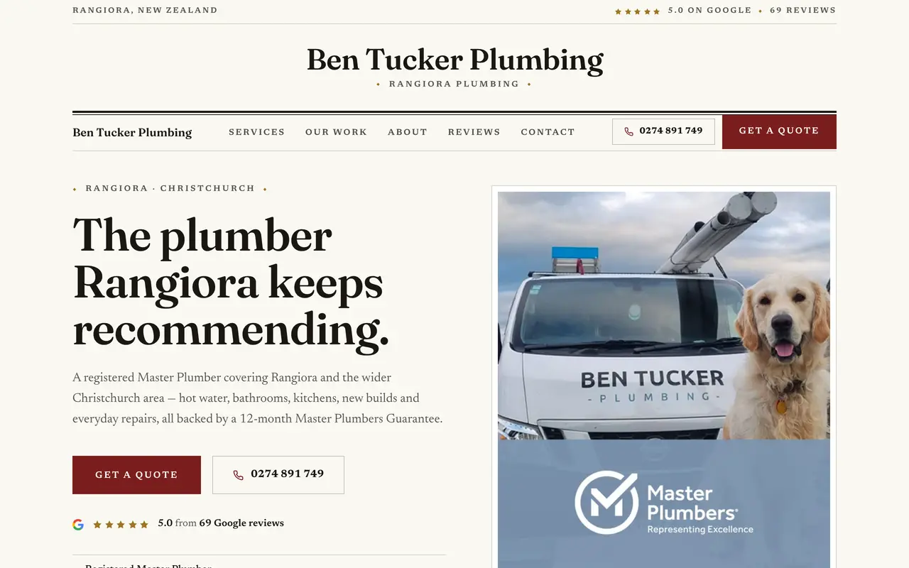 The Ben Tucker Plumbing website we built, shown on a desktop screen