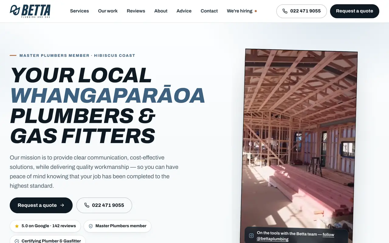 The Betta Plumbing & Gas website we built, shown on a desktop screen