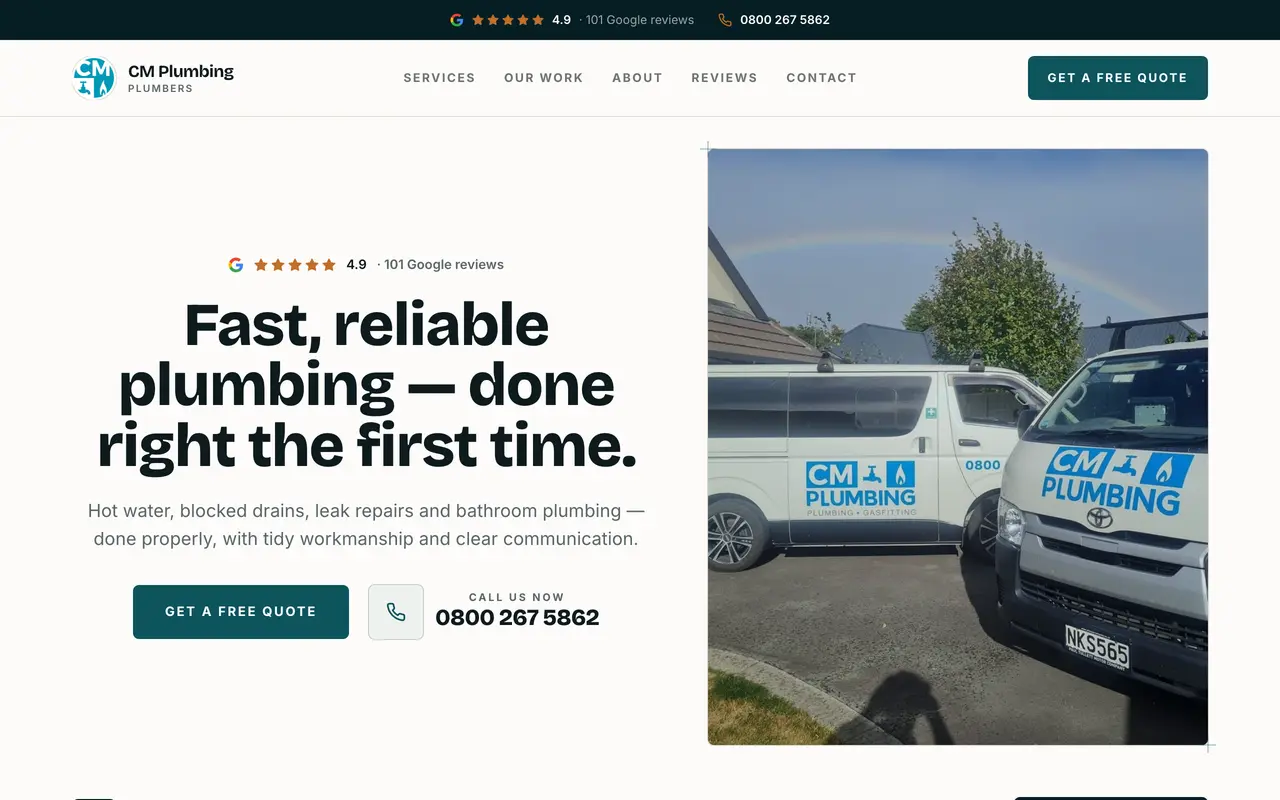 The CM Plumbing website we built, shown on a desktop screen