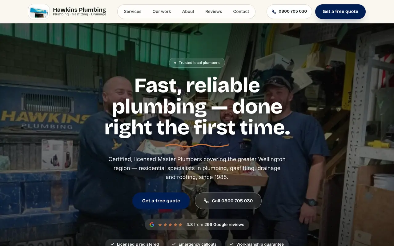 The Hawkins Plumbing website we built, shown on a desktop screen
