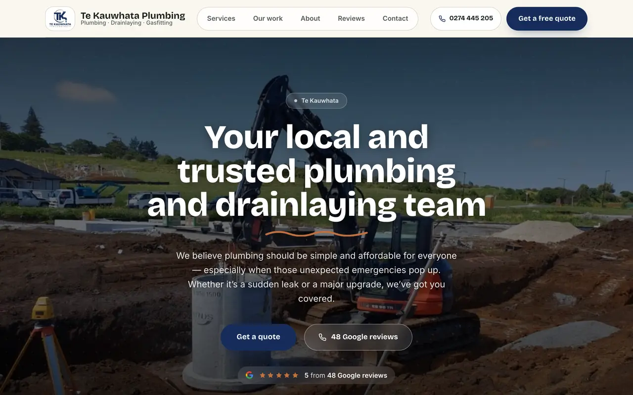 The Te Kauwhata Plumbing website we built, shown on a desktop screen