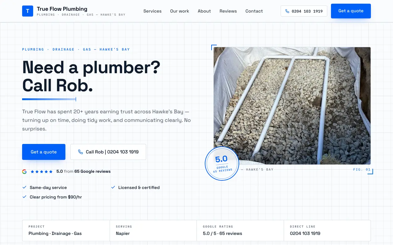 The True Flow Plumbing website we built, shown on a desktop screen